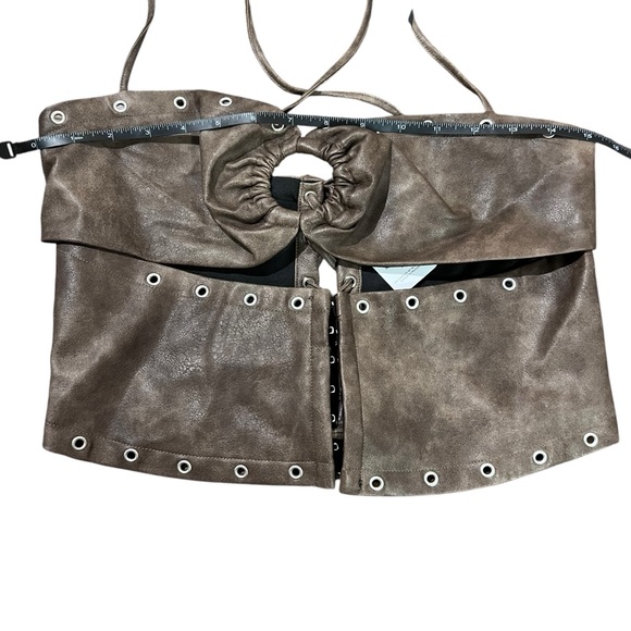 NWT Brown Leather Halter Hook N Eye Crop Top & Belted Eyelet Skort Skirt Set - Picture 13 of 15